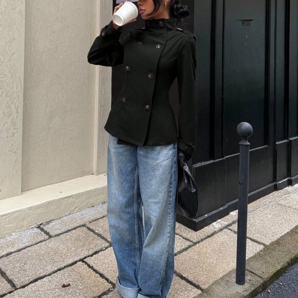 Black Casual Women's Double-Breasted Long Sleeve Trench mini Coat jacket - Picture 3 of 5